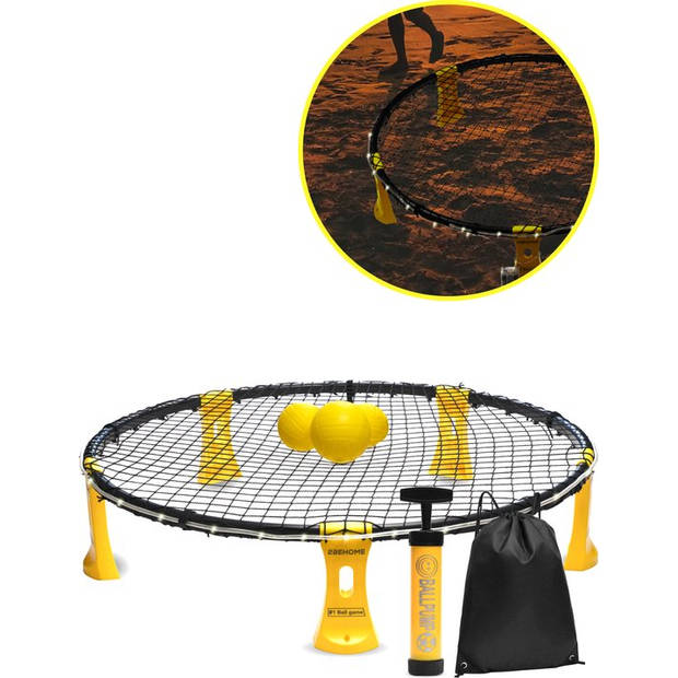 2BEHOME Roundnet set - Met LED-strip, 3 ballen, ballenpomp en meeneemtas - Geschikt voor spikeball / roundball - Geel