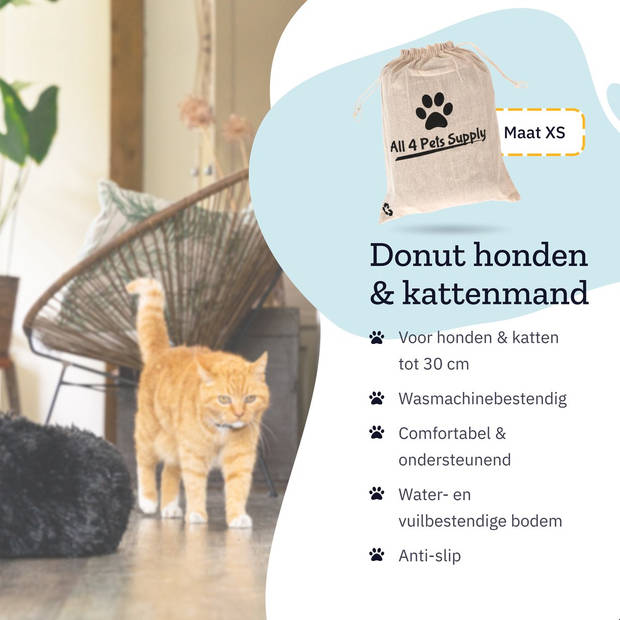 All 4 Pets Supply® Hondenmand donut - Kattenmand - Maat XS - Voor honden/katten tot 30 cm - Hondenkussen - Zwart