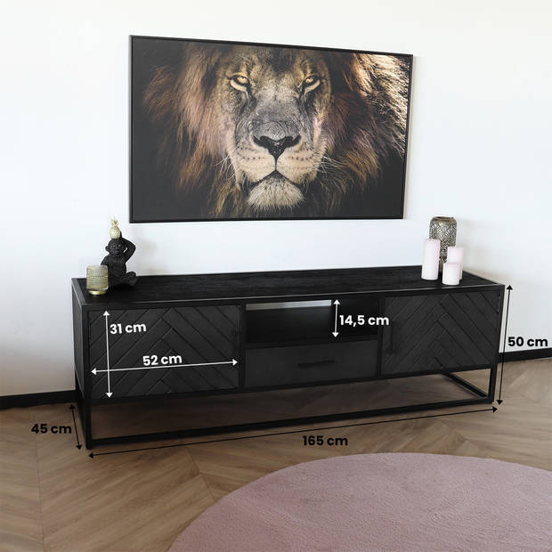 TV meubel industrieel mangohout Danae zwart visgraat 165cm tv kast duurzaam mango massief hout tv-meubel