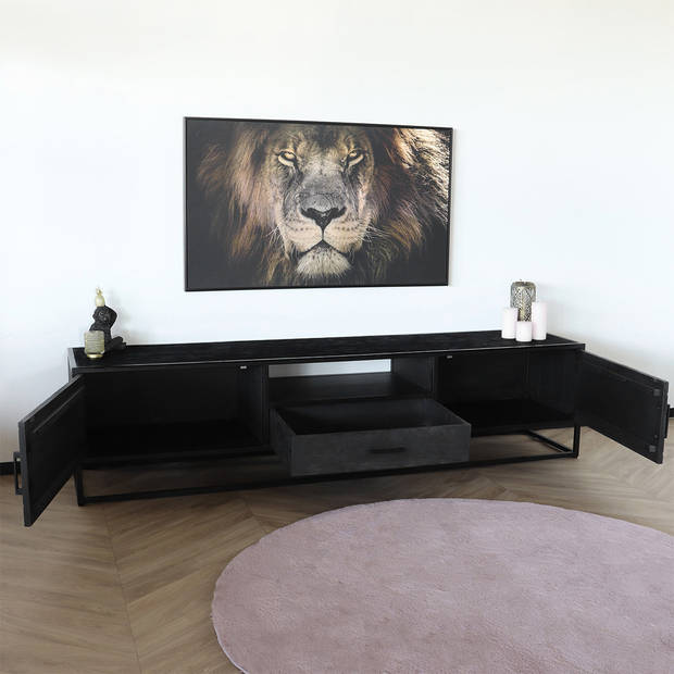 TV meubel industrieel mangohout Danae zwart visgraat 210cm tv kast duurzaam mango massief hout tv-meubel