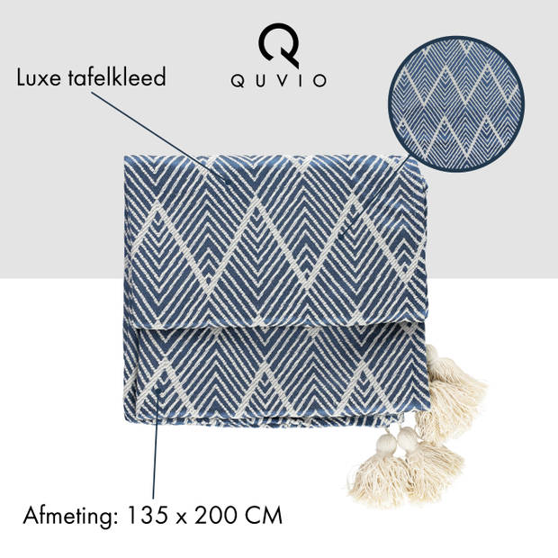 QUVIO Tafelkleed - 200 x 135 cm - Grafische print - Katoen - Grijsblauw