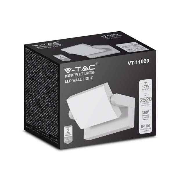 V-TAC VT-11020-W Draaibare LED wandlamp - IP65 - Wit - 17W - 2520 Lumen - 4000K