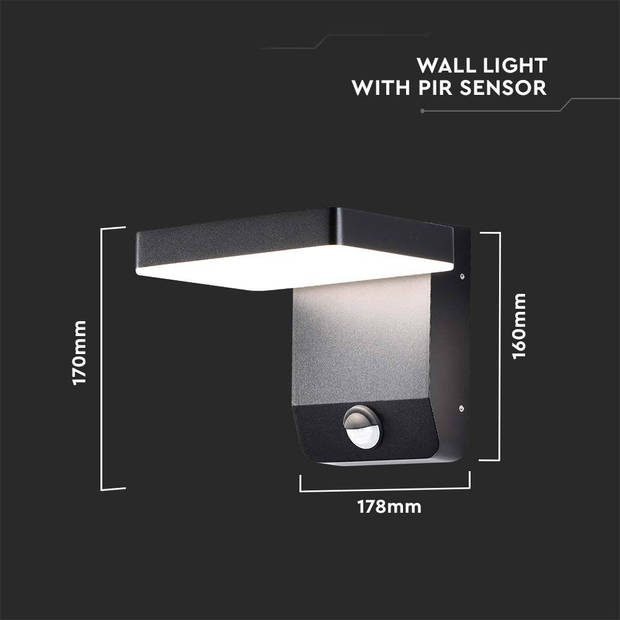 V-TAC VT-11020S-SQ-B Draaibare LED wandlamp met Sensor - IP65 - Zwart - 17W - 2520 Lumen - 3000K