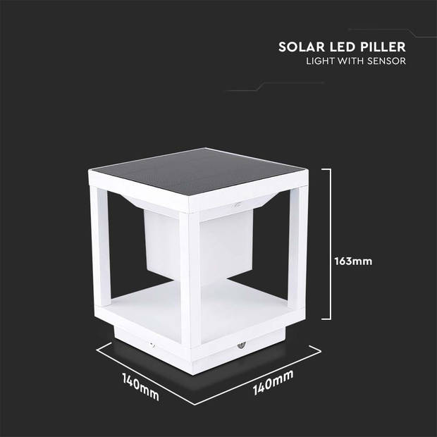 V-TAC VT-11022-W Solarlamp Zuil met sensor - Wit - IP65 - 2W - 90 Lumen - 3000K