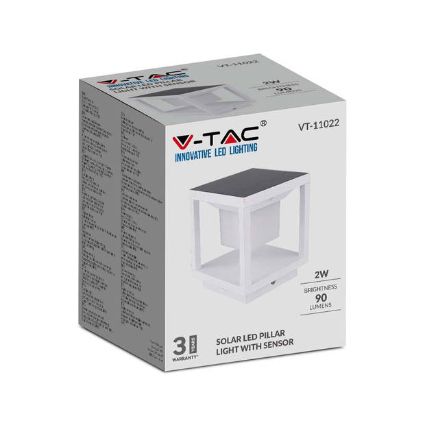 V-TAC VT-11022-W Solarlamp Zuil met sensor - Wit - IP65 - 2W - 90 Lumen - 3000K