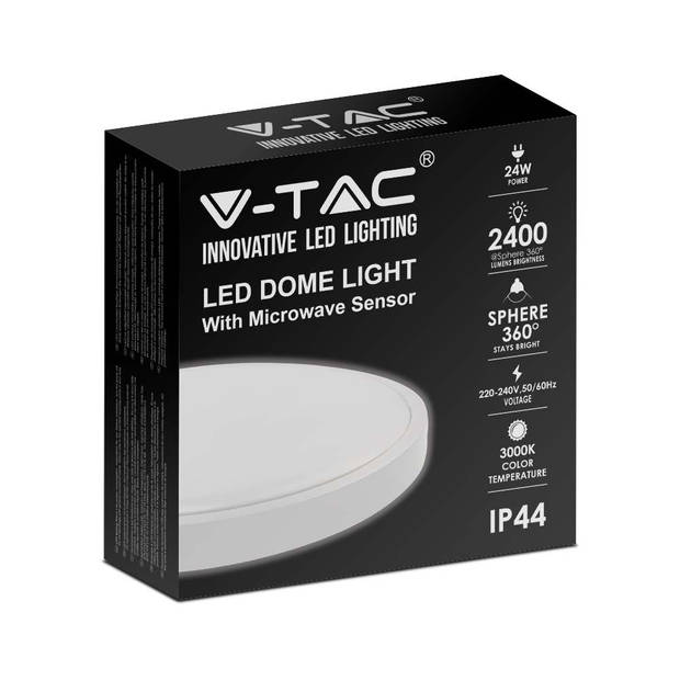 V-TAC VT-8624S-W-RD LED ronde plafonnière met sensor - 295mm - IP44 - Wit - 24W- 2400 Lumen - 4000K