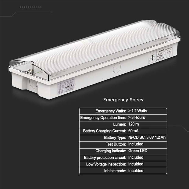 V-TAC VT-997 Bulkheads Noodverlichting - 24 - Uur - IP65 - Wit - 3W - 120 Lumen - 6400K