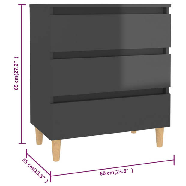 The Living Store Dressoir Scandinavische Stijl - Hoogglans Grijs - 60 x 35 x 69 cm - Met 3 lades