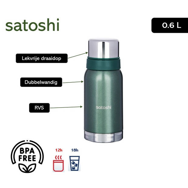 Satoshi Forest Thermosbeker - Thermosfles - 0,6L - RVS - Groen