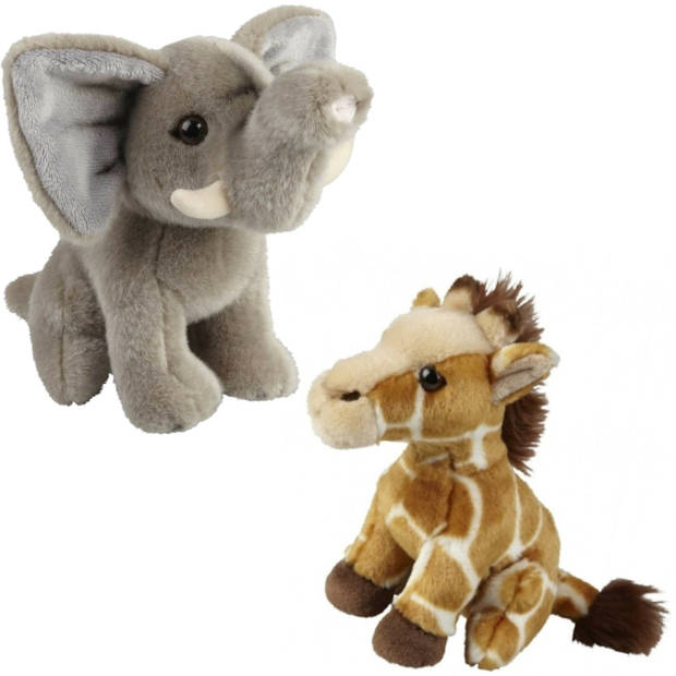 Knuffeldieren set olifant en giraffe pluche knuffels 18 cm - Knuffeldier