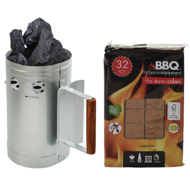 BBQ briketten/houtskool starter met houten handvat 27 cm met 32x BBQ aanmaakblokjes - Brikettenstarters