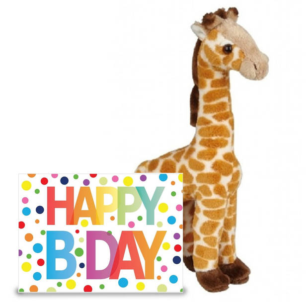 Verjaardag cadeau giraffe 23 cm met XL Happy Birthday wenskaart - Knuffeldier