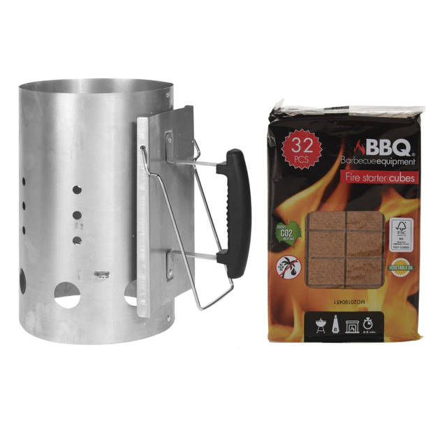 BBQ briketten/houtskool starter met kunststoffen handvat 30 cm met 32x BBQ aanmaakblokjes - Brikettenstarters