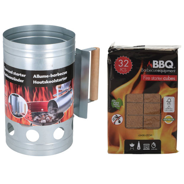 BBQ briketten/houtskool starter met houten handvat 27 cm met 32x BBQ aanmaakblokjes - Brikettenstarters