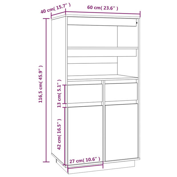 vidaXL Hoge kast 60x40x116,5 cm massief grenenhout wit