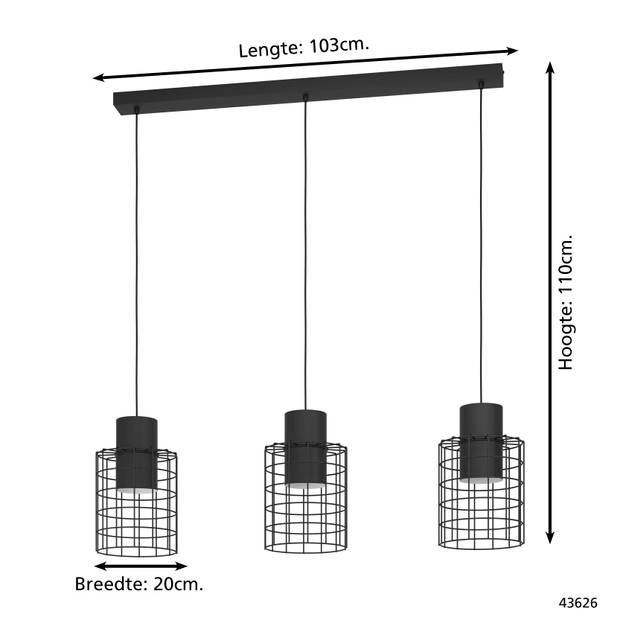 EGLO Milligan Hanglamp - E27 - industrieel - 103 cm - Zwart/Wit