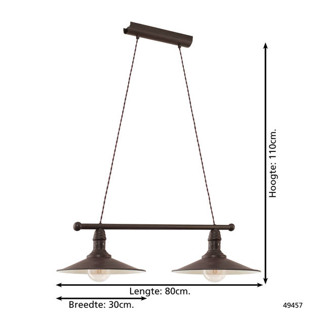 EGLO Vintage Stockbury Hanglamp - 2 Lichts - E27 - 80cm - Antiek Bruin