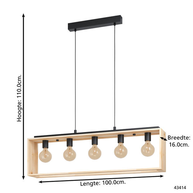 EGLO Famborough - Hanglamp - E27 - 100 cm - Zwart/Hout