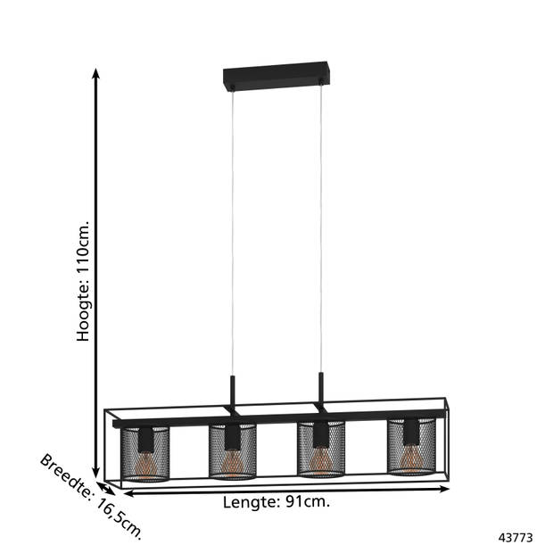 EGLO Catterick Hanglamp - E27 - 91 cm - Zwart