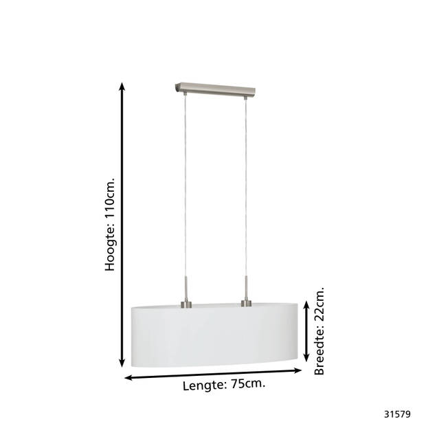 EGLO Pasteri - Hanglamp - 2 Lichts - 75cm - Nikkel-Mat - Wit