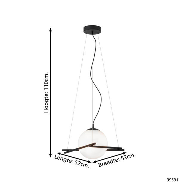 EGLO Hanglamp - E27 - 1lichts - Staal Zwart / Glas opaal-mat - Wit