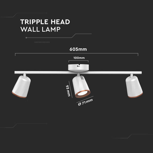 V-TAC VT-818-W-N LED plafondlamp met 3 spots - Wit - IP20 - 15W - 1620 Lumen - 3000K