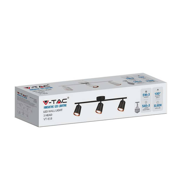 V-TAC VT-818-B-N LED plafondlamp met 3 spots - Zwart - IP20 - 15W - 1620 Lumen - 3000K