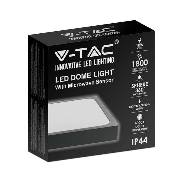 V-TAC VT-8618SB-SQ LED vierkante plafonnière met sensor - Zwart - 225mm - IP44 - 18W - 1800 Lumen - 4000K