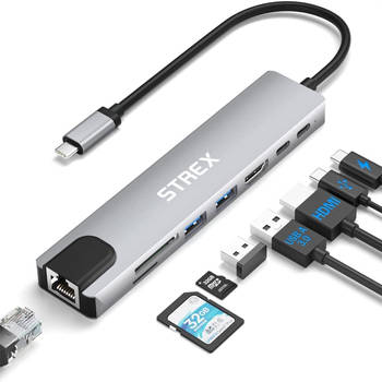 Strex 8 in 1 USB C Hub - Docking Station - USB Splitter - 4K HDMI - USB A - USB C - Ethernet - Micro SD - Geschikt voor