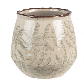 Clayre & Eef Bloempot Ø 14x13 cm Groen Beige Keramiek Bladeren Bloempot binnen Groen Bloempot binnen