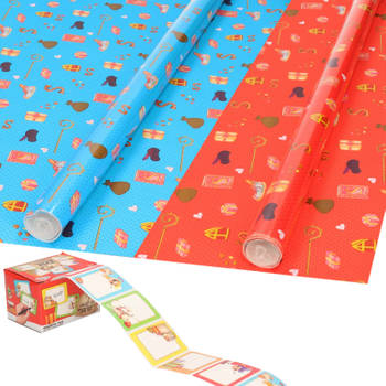 Sinterklaas inpakpapier/cadeaupapier 6x rollen en 50 naam stickers - Cadeaupapier