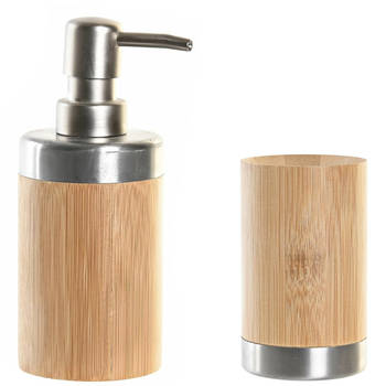 Badkamer accessoires setje drinkbeker en zeeppompje 17 cm bamboe/zilver - Zeeppompjes