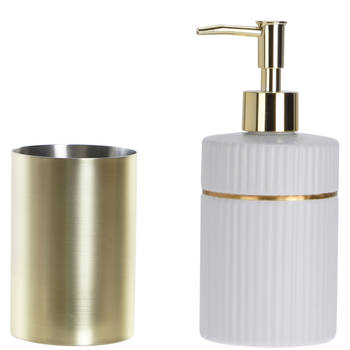 Badkamer accessoires setje drinkbeker en zeeppompje 19 cm wit/goud - Zeeppompjes