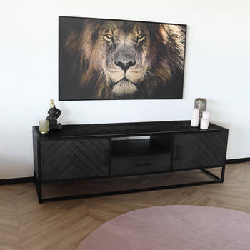 TV meubel industrieel mangohout Danae zwart visgraat 165cm tv kast duurzaam mango massief hout tv-meubel