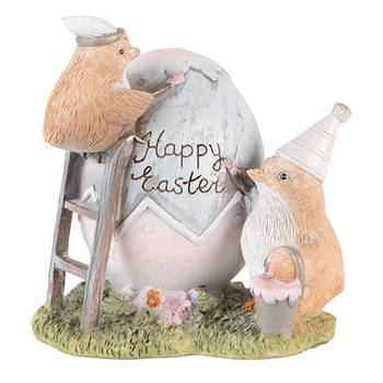 HAES DECO - Beeld Kuikentje 12 cm Grijs Bruin Kunststof Happy Easter Woonaccessoires Paashaas Pasen