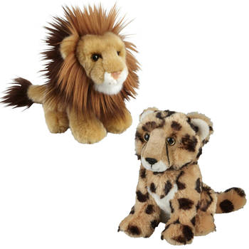Knuffeldieren set leeuw en cheetah luipaard pluche knuffels 18 cm - Knuffeldier