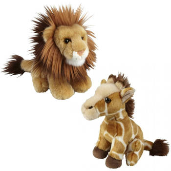 Knuffeldieren set leeuw en giraffe pluche knuffels 18 cm - Knuffeldier