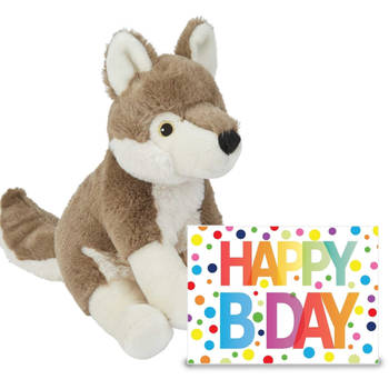 Verjaardag cadeau wolf 23 cm met XL Happy Birthday wenskaart - Knuffeldier