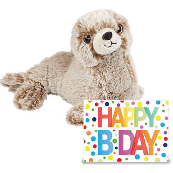 Verjaardag cadeau Zeehond pup 23 cm met XL Happy Birthday wenskaart - Knuffeldier