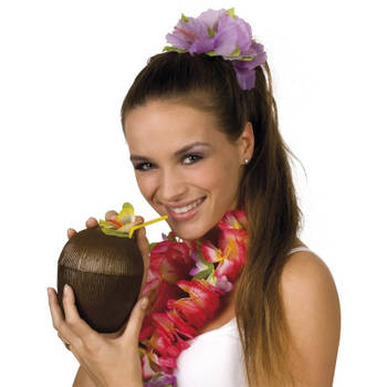 Set van 10x stuks hawaii beker kokosnoot met rietje 400 ml - Feestbekertjes