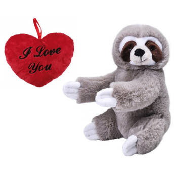 Valentijn Love cadeau set - Knuffel Luiaard met rood Love you hartje 10 cm - Knuffeldier