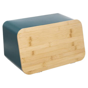 Broodtrommel met snijplank deksel - Petrol blauw - Metaal/bamboe - 37 x 22 x 23 cm - Broodtrommels
