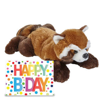 Verjaardag cadeau rode panda 25 cm met XL Happy Birthday wenskaart - Knuffeldier