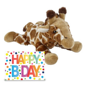 Verjaardag cadeau giraffe 25 cm met XL Happy Birthday wenskaart - Knuffeldier