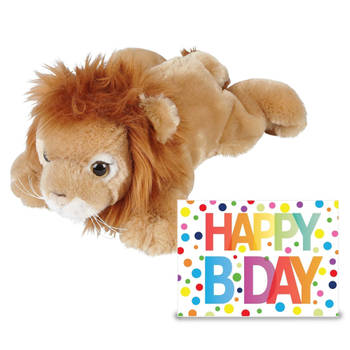 Verjaardag cadeau leeuw 25 cm met XL Happy Birthday wenskaart - Knuffeldier