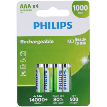 PHILIPS AAA-Batterijen - HR03 Oplaadbare Batterijen - NiMH 1.2V - 500 Keer Herladen
