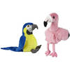 Knuffeldieren set papegaai en flamingo pluche knuffels 18 cm - Vogel knuffels