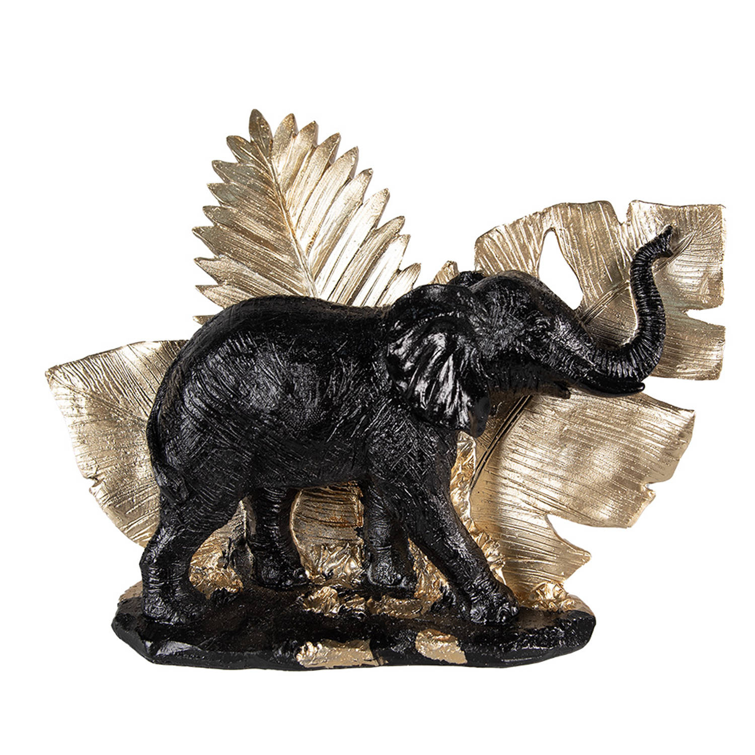 Clayre & Eef Beeld Olifant 18 cm Zwart Goudkleurig Kunststof Woonaccessoires beeld decoratie Decoratieve Accessoires