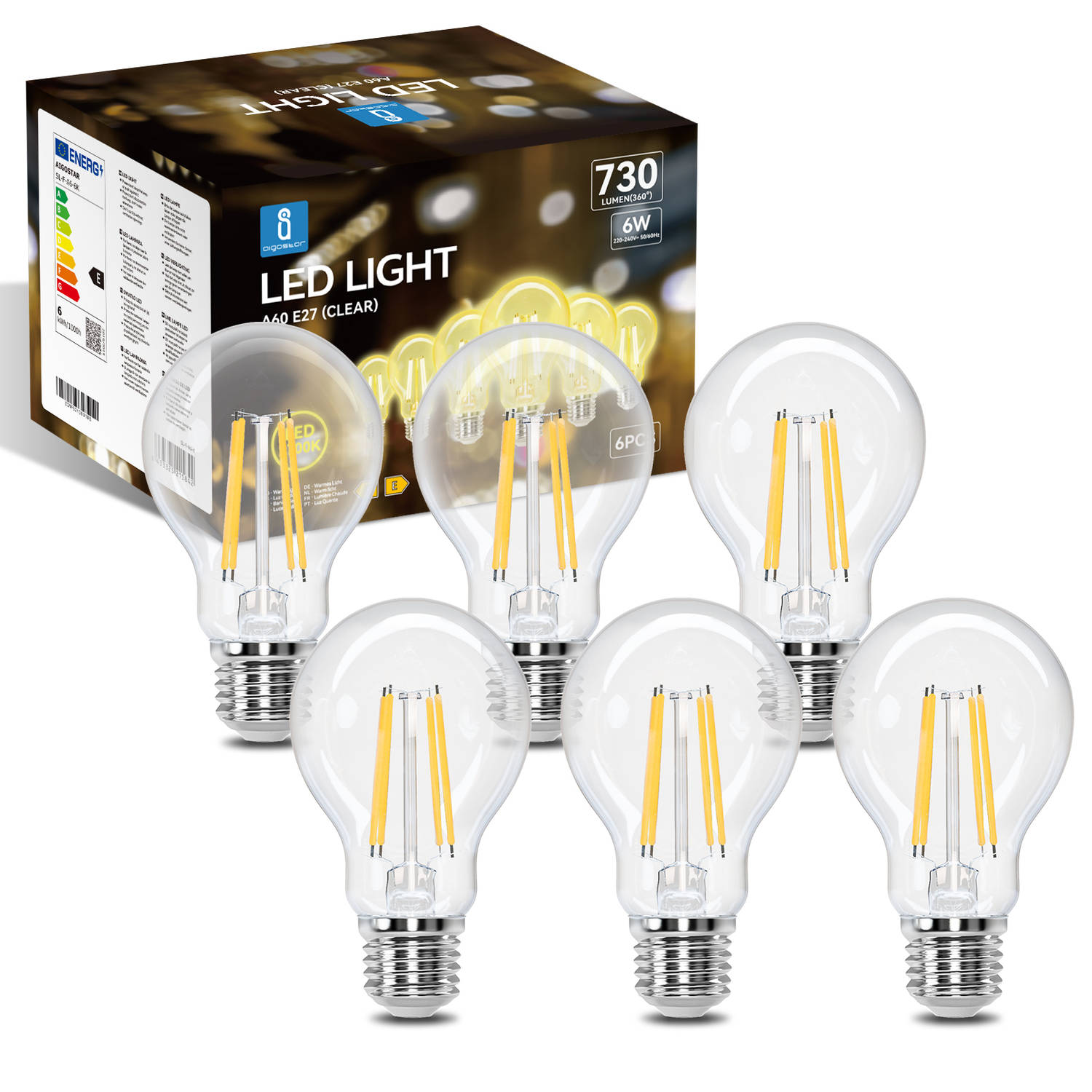 Aigostar 10zcm Filament Lamp Led Lichtbron E27 6w 2700k 730lm Set Van 6 Stuks