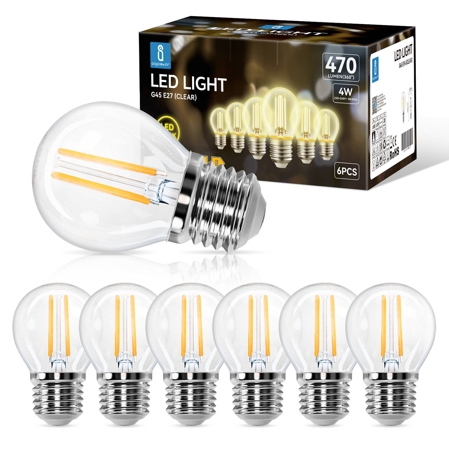 Aigostar 10zbt Led Filament Lamp E27 G45 2700k 470lm Warm Wit Licht Niet Dimbaar 4w 6 Stuks